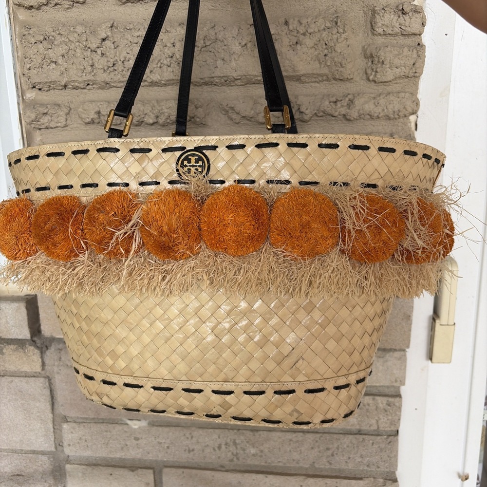Tory Burch Pom Pom Beach Basket Bag Women's Straw Lined Tote (ESHLF)